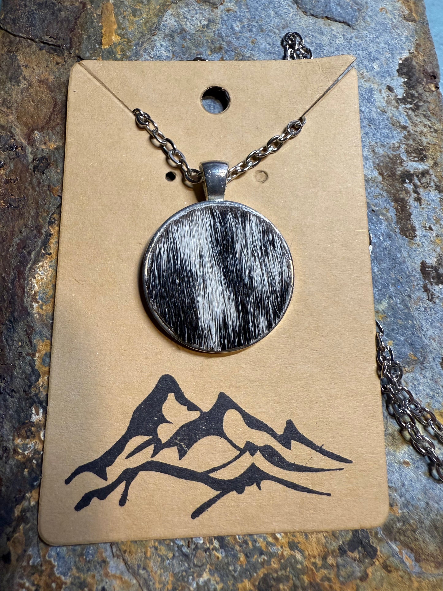 Black & White Hair-on Cowhide Circle Pendant Necklace