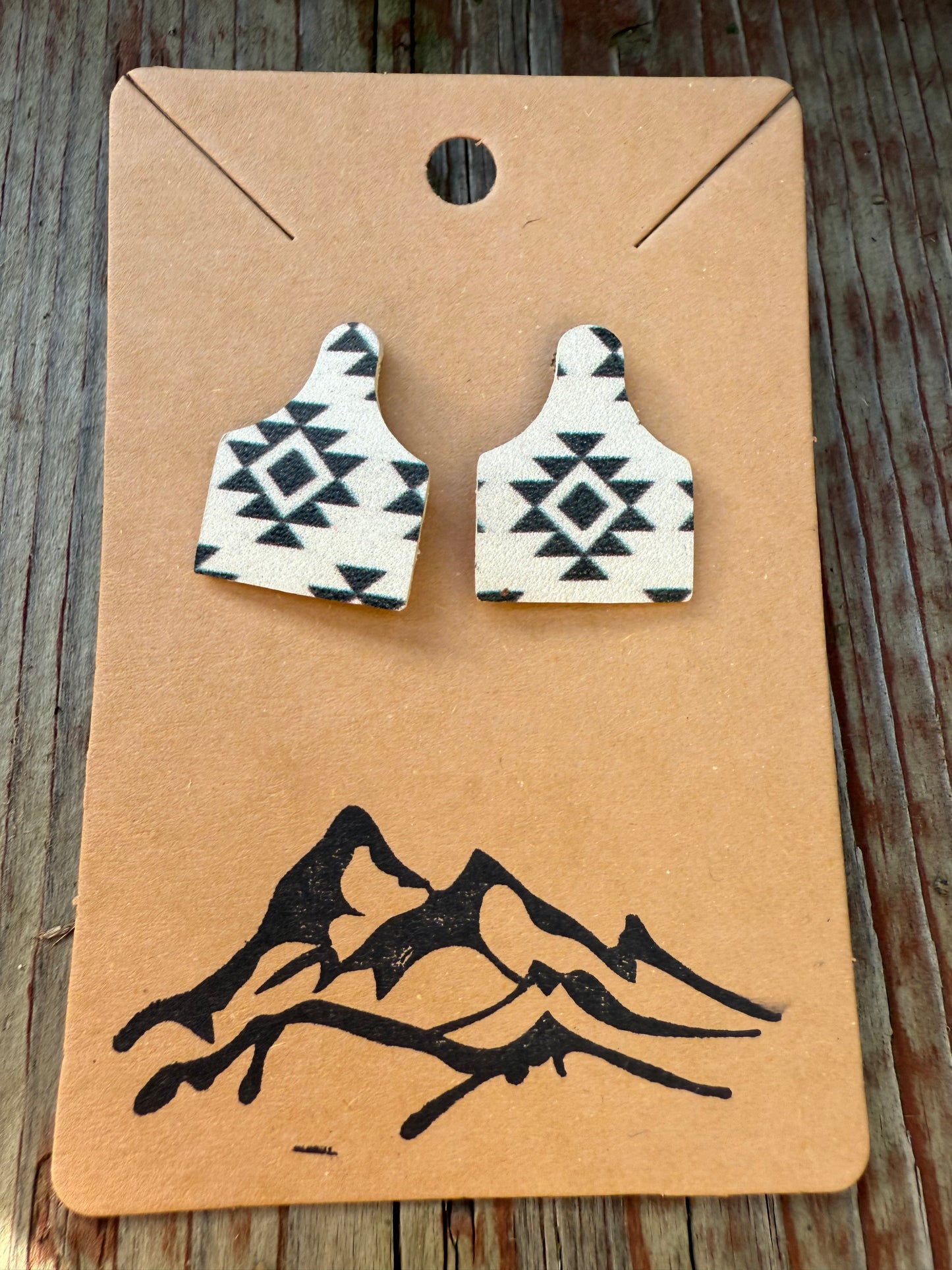 Aztec Print Leather Cow Tag Earrings