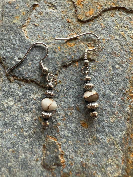 Sterling Silver Corrugated Pearls & White Buffalo Turquoise Earrings