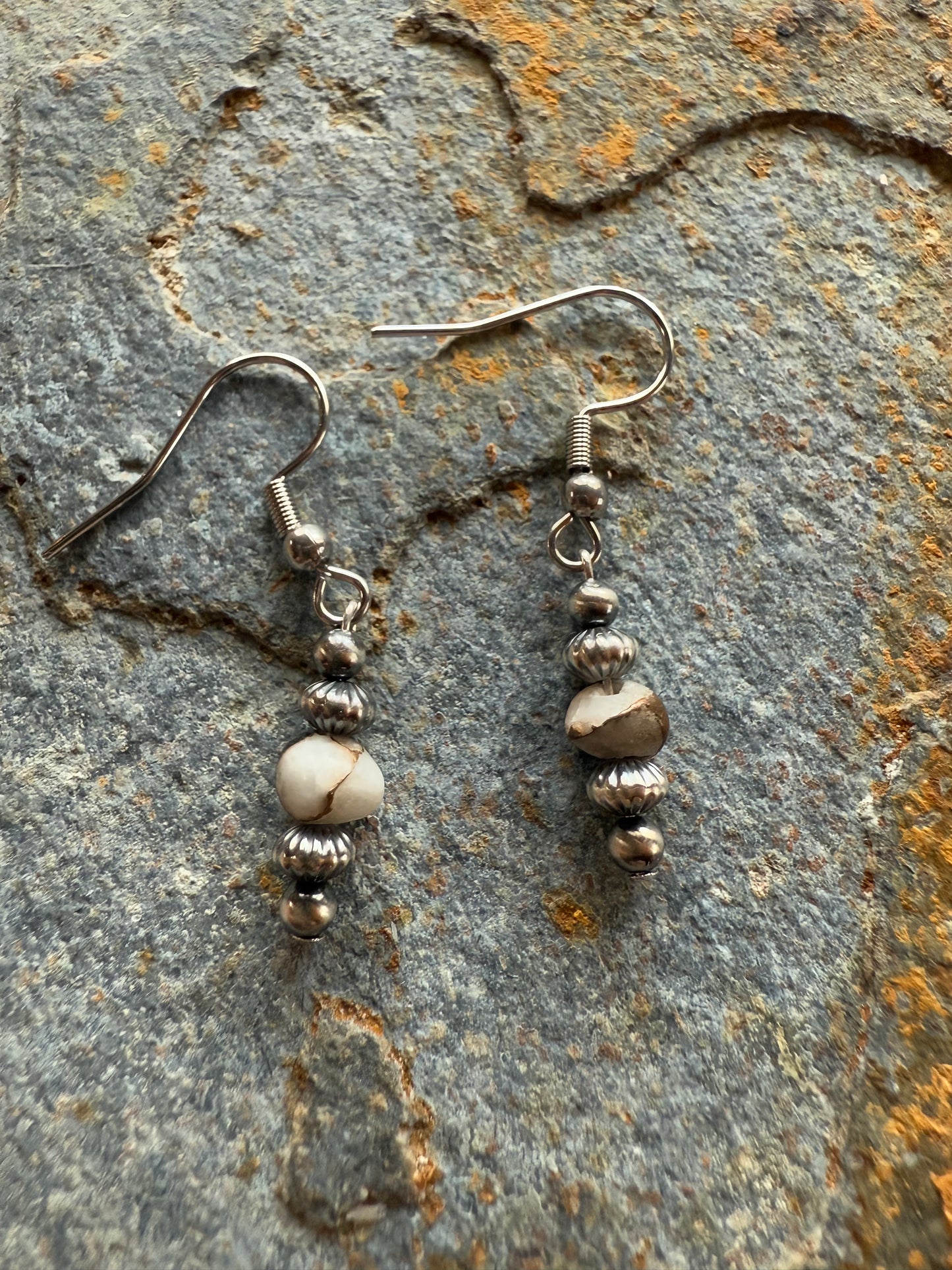 Sterling Silver Corrugated Pearls & White Buffalo Turquoise Earrings