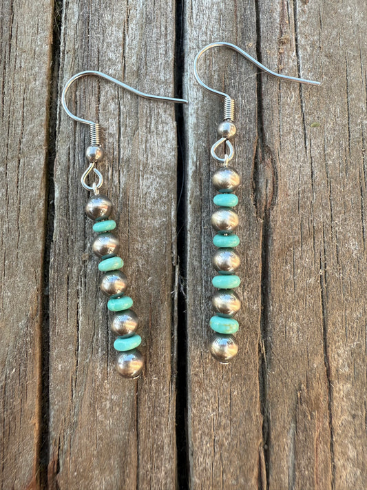 Sterling Silver Pearl & Small Kingman Turquoise Earrings