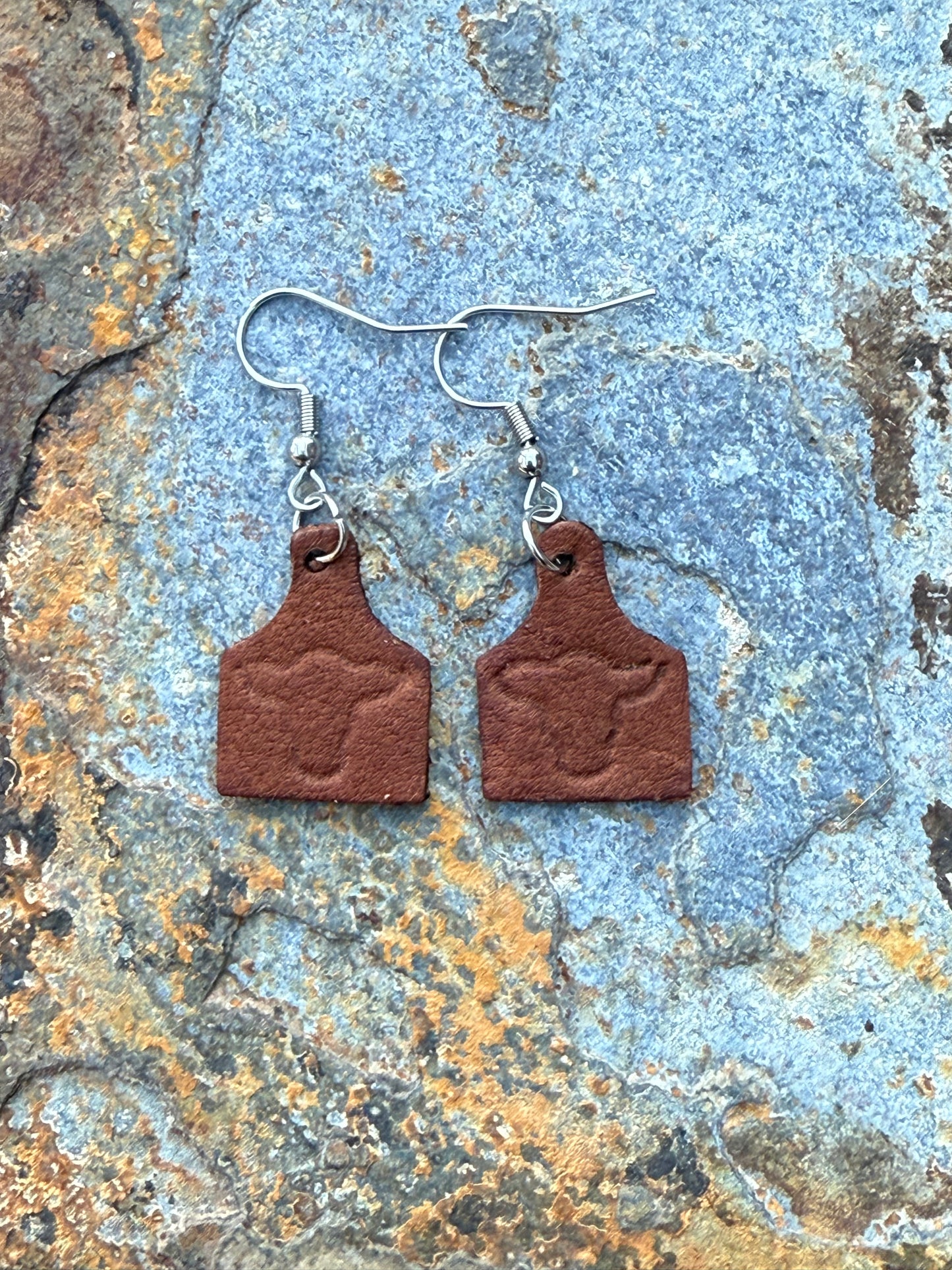 Cow Head Embossed Mini Cow Tag Leather Earrings