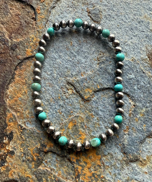 Small Kingman Turquoise Sterling Silver Pearl Bracelet