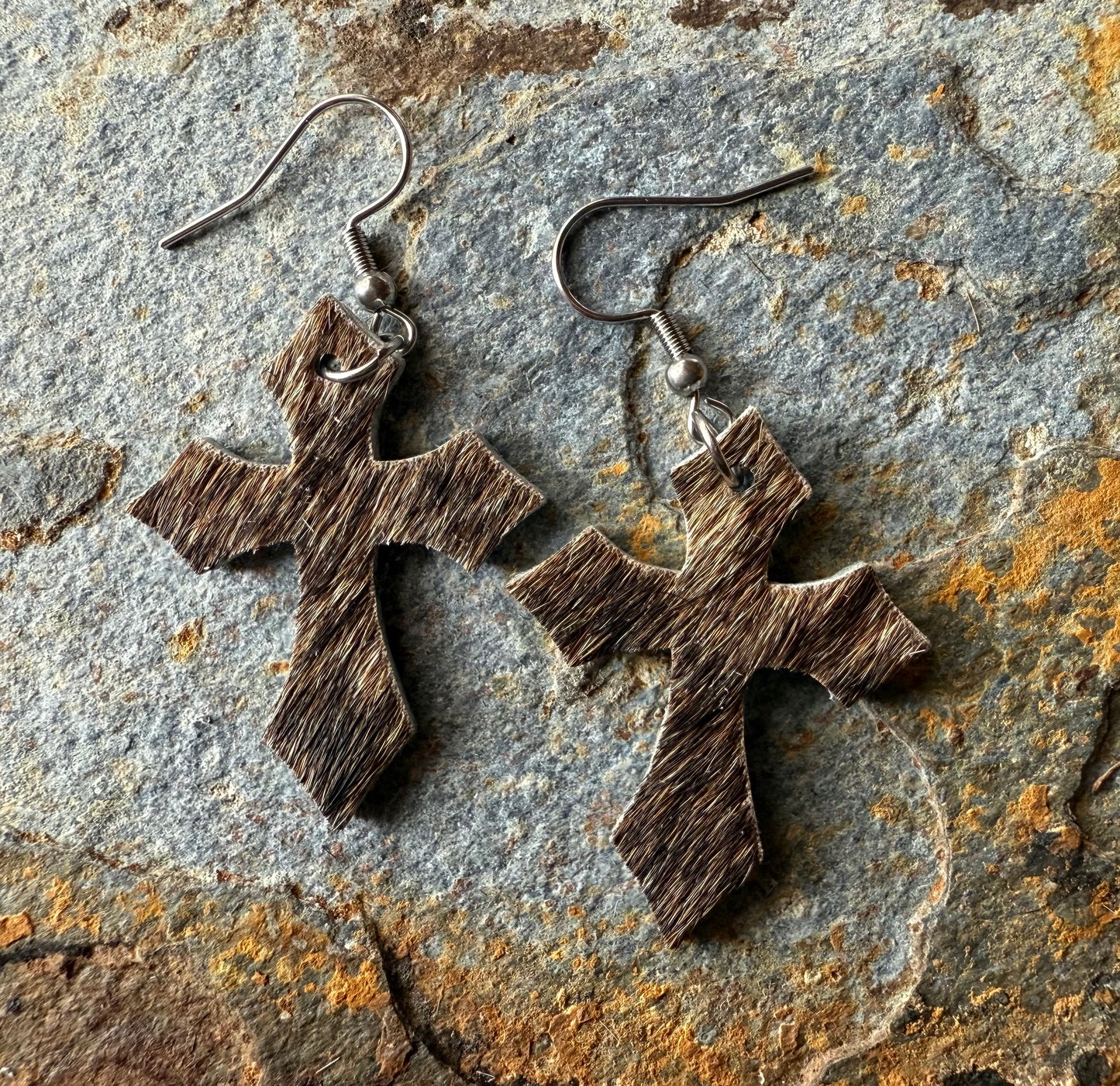 Hair-On Cowhide Cross Earrings