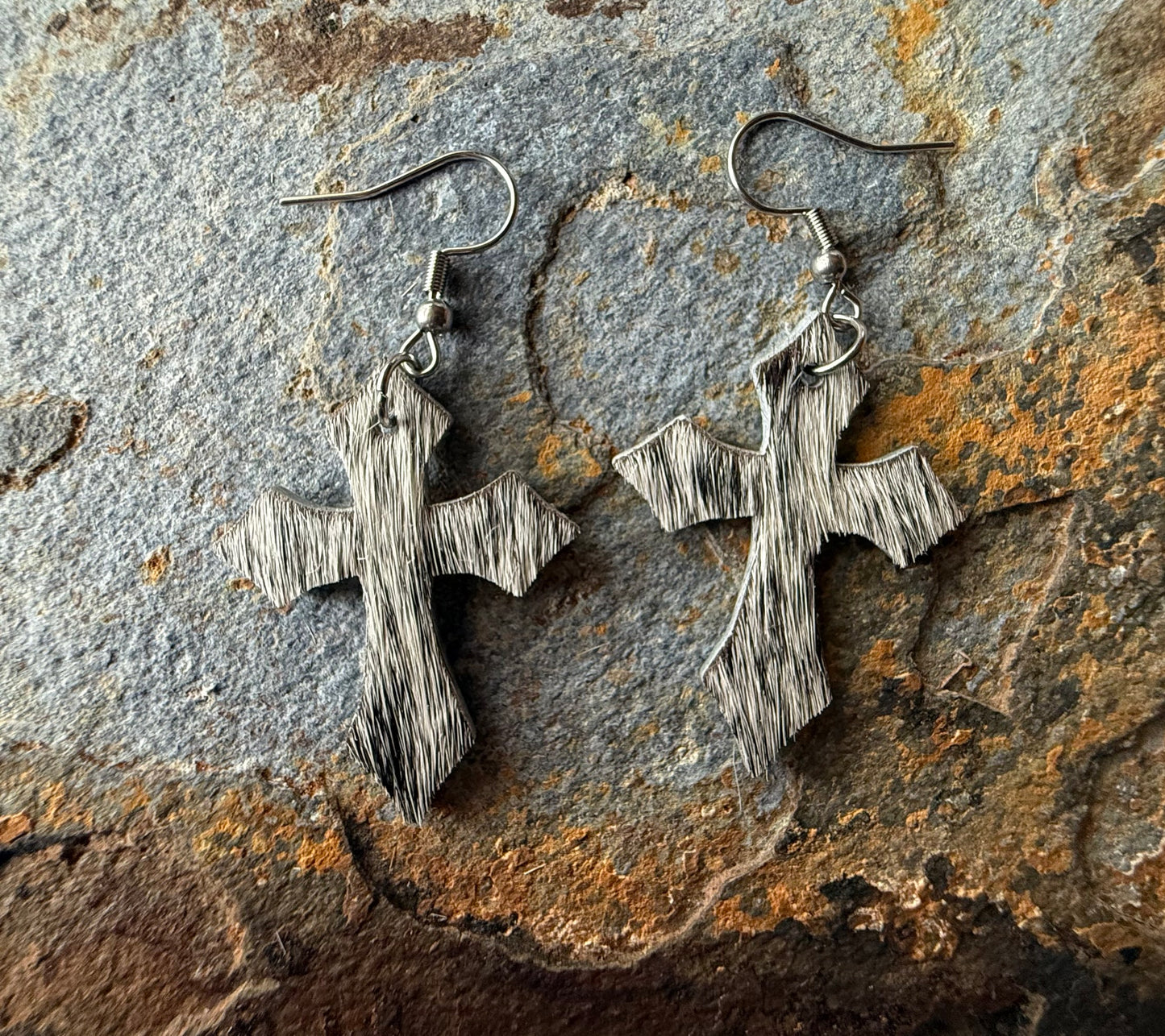 Hair-On Cowhide Cross Earrings