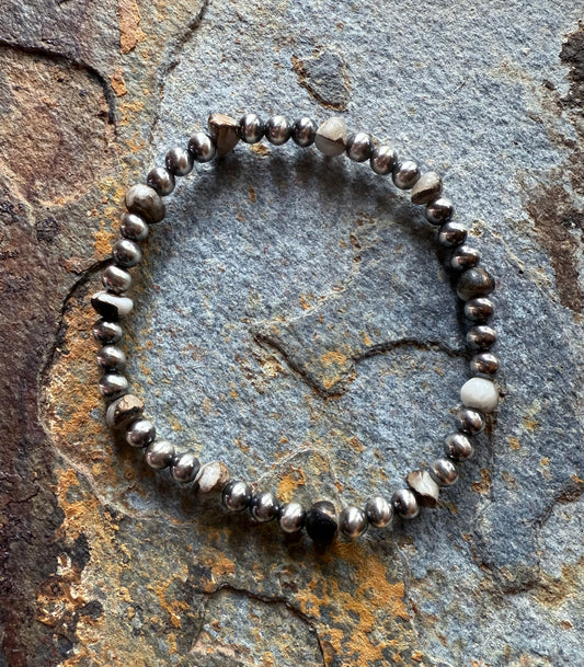 White Buffalo Turquoise Sterling Silver Pearl Bracelet