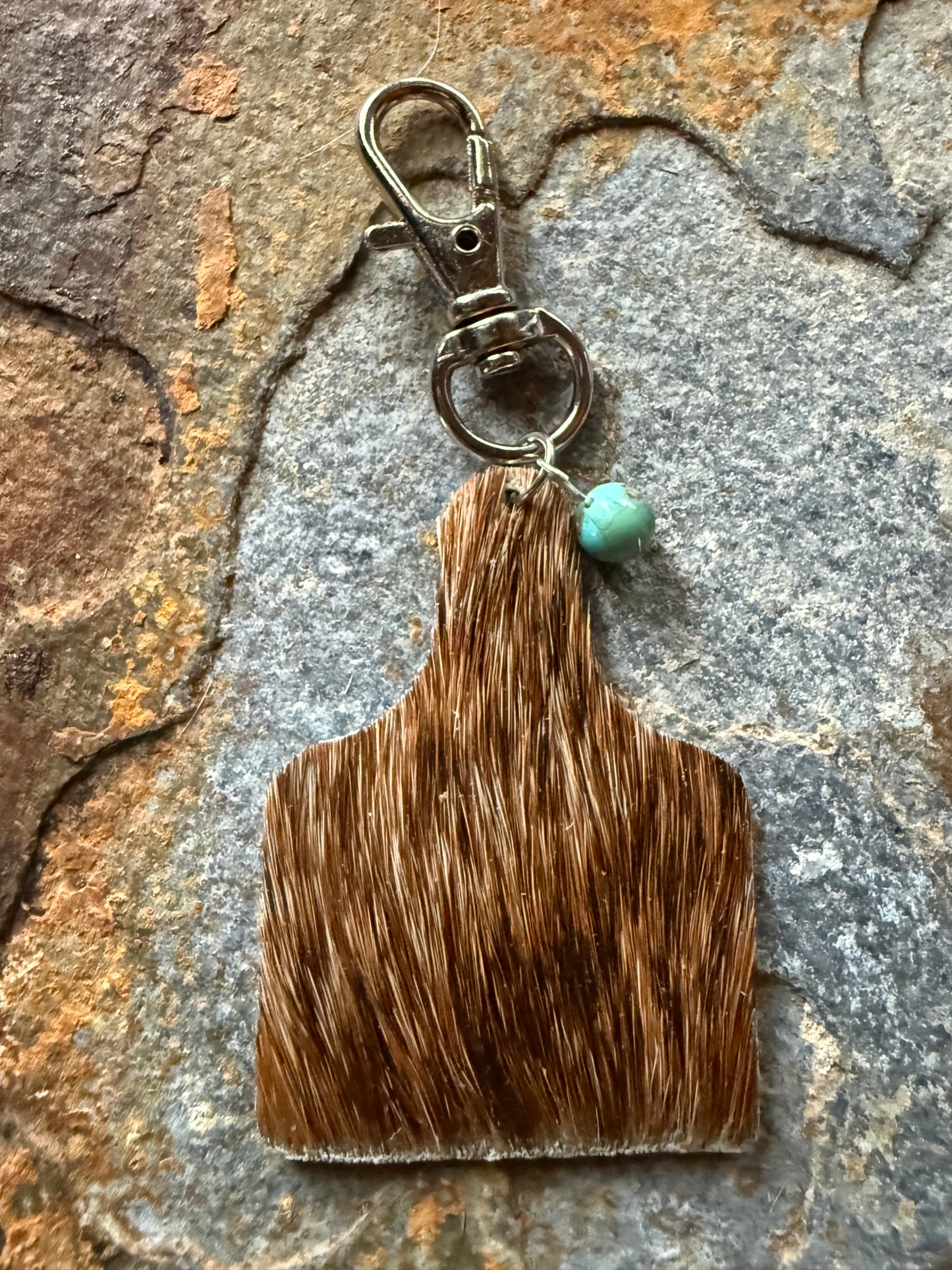 Hair-on Cowhide Cow Tag Keychain – Turquoise bead option