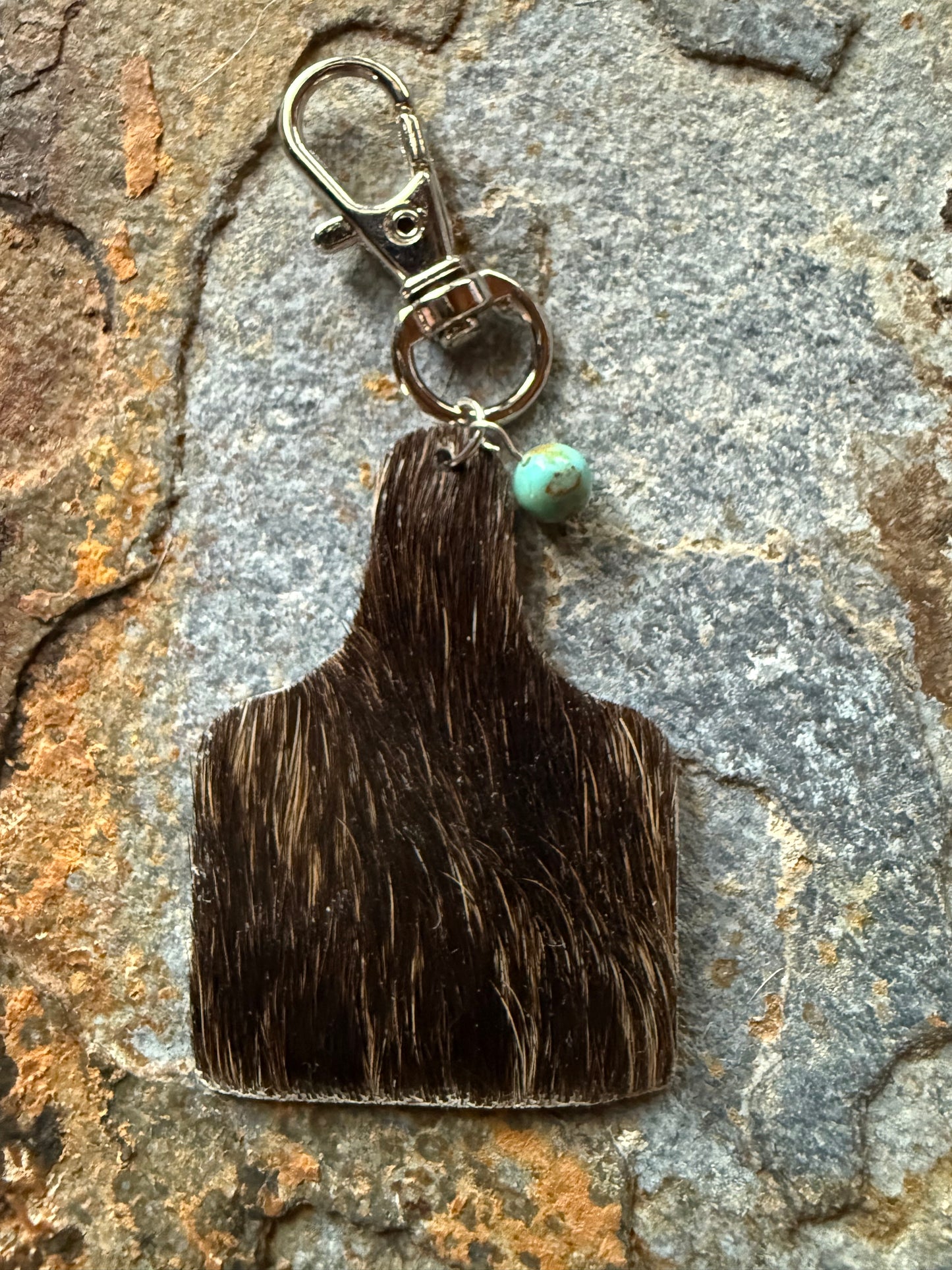 Hair-on Cowhide Cow Tag Keychain – Turquoise bead option