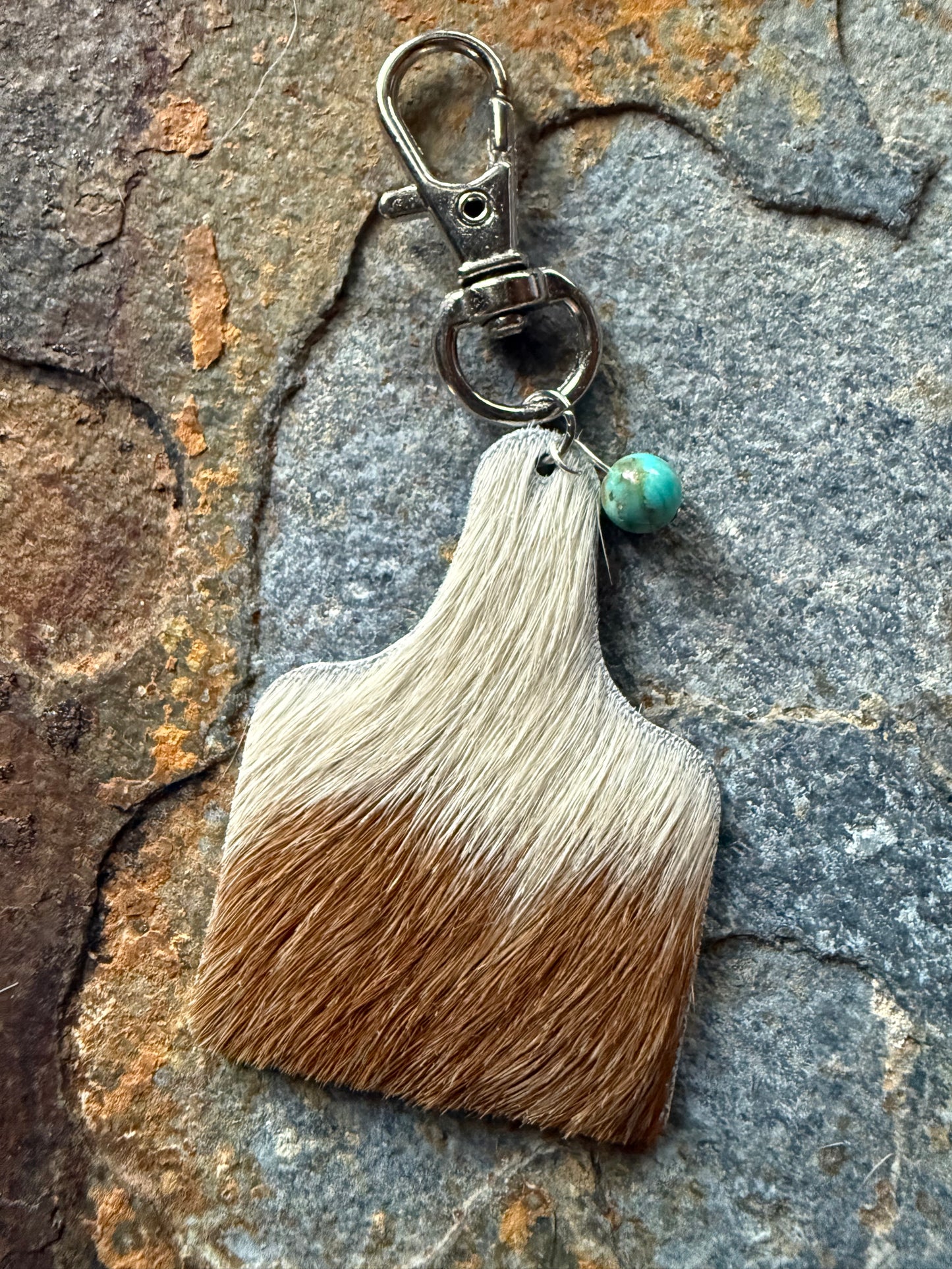 Hair-on Cowhide Cow Tag Keychain – Turquoise bead option