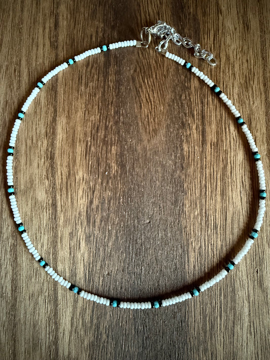 White, Black & Light Blue Beaded Choker Necklace