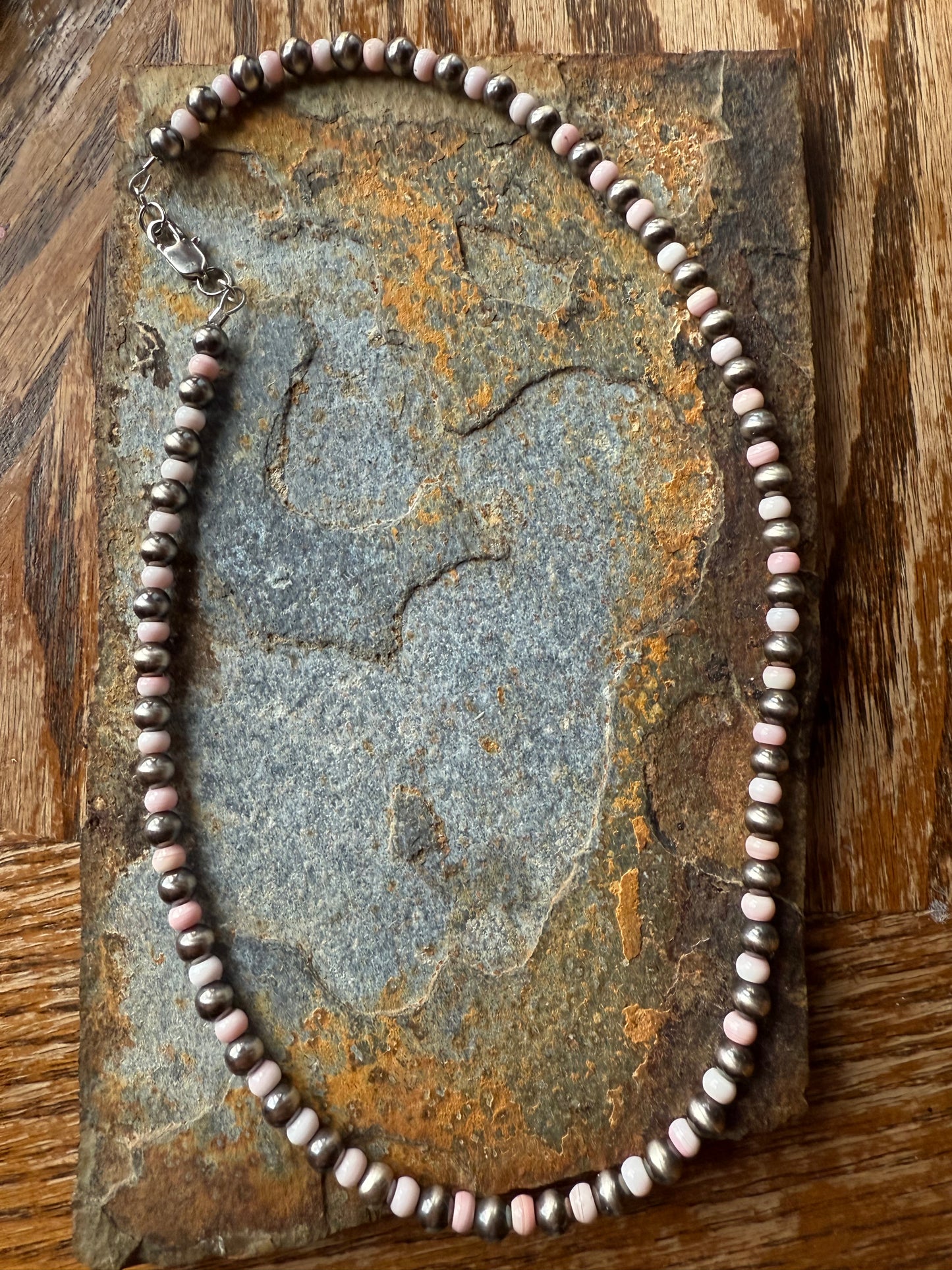 Sterling Silver Pearls and Pink Conch Shell Bead Necklace