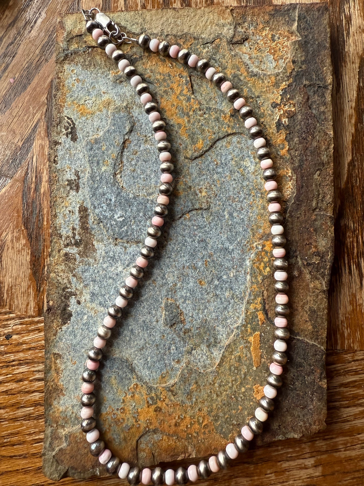 Sterling Silver Pearls and Pink Conch Shell Bead Necklace