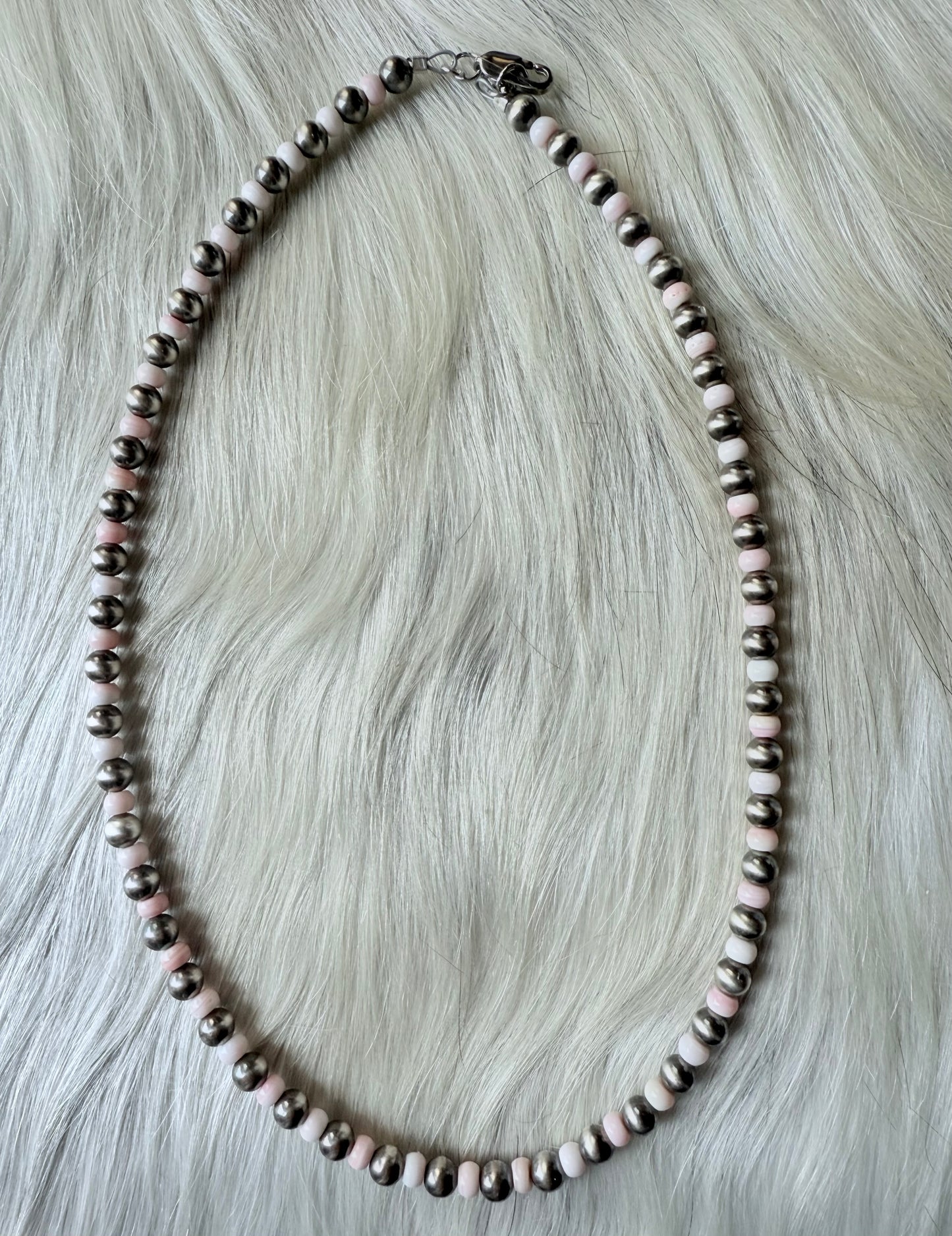 Sterling Silver Pearls and Pink Conch Shell Bead Necklace