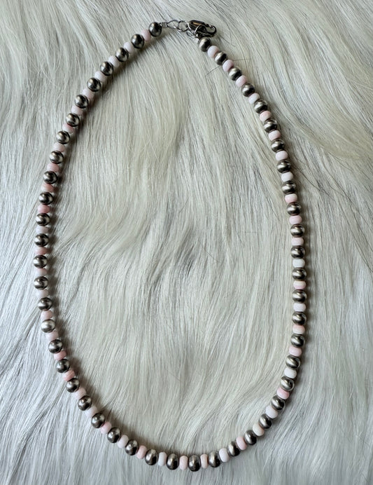 Sterling Silver Pearls and Pink Conch Shell Bead Necklace