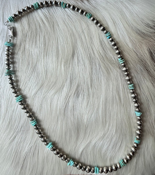 Sterling Silver Pearls and Kingman Turquoise Chip Bead Necklace