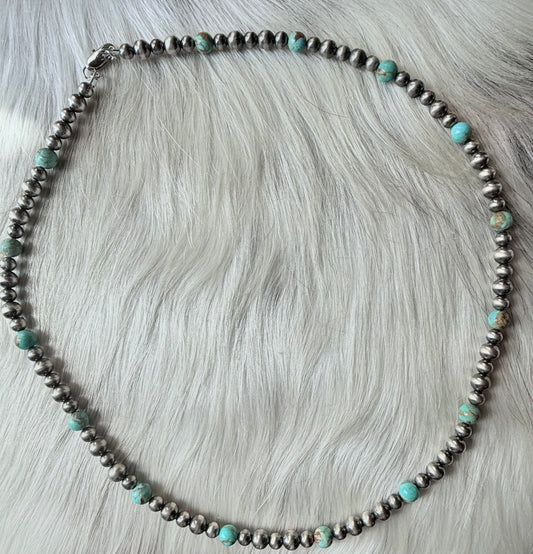 Sterling Silver Pearls and Kingman Round Bead Necklace