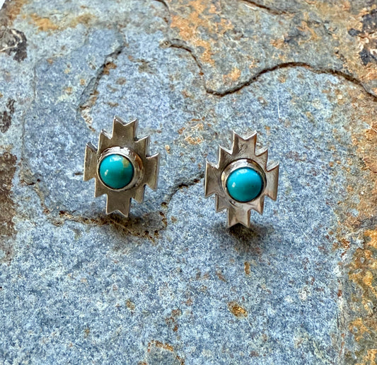 Silver Aztec Post Earrings with Kingman Turquoise