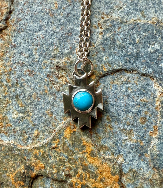 Silver Aztec Necklace with Kingman Turquoise