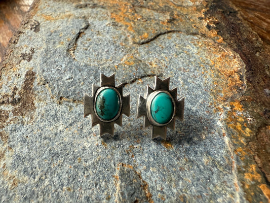 Silver Aztec Post Earrings with Oval Kingman Turquoise