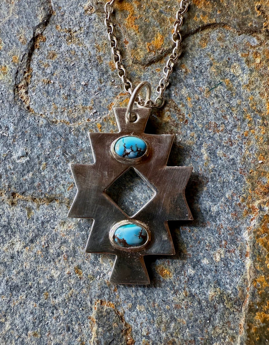 Large Silver Aztec Necklace with Golden Hills Turquoise