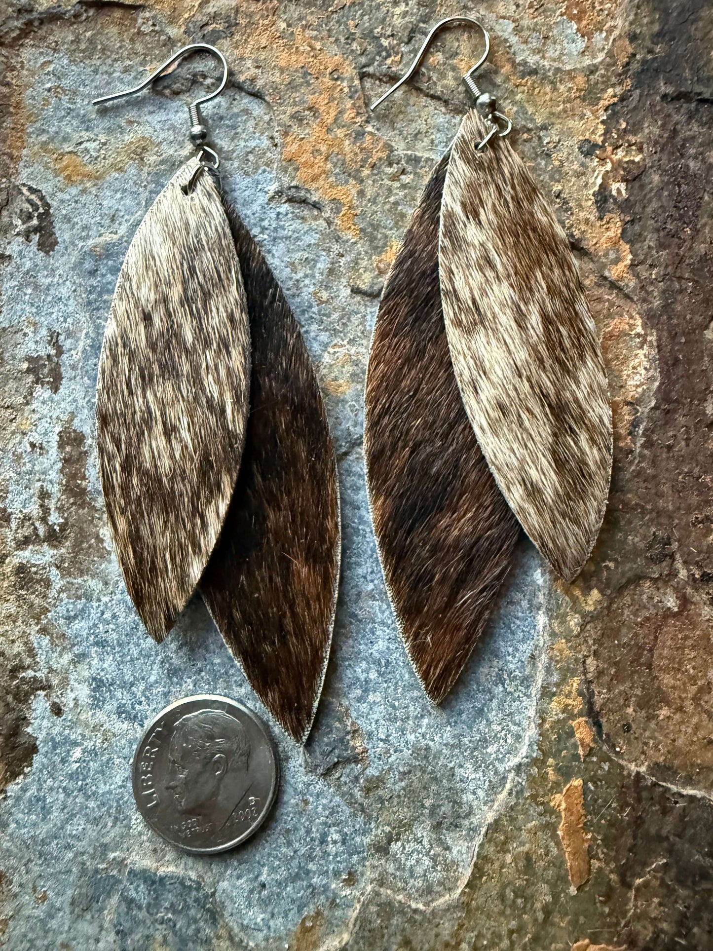 Hair on cowhide double leaf earrings Lightweight Leather Leaf Earrings