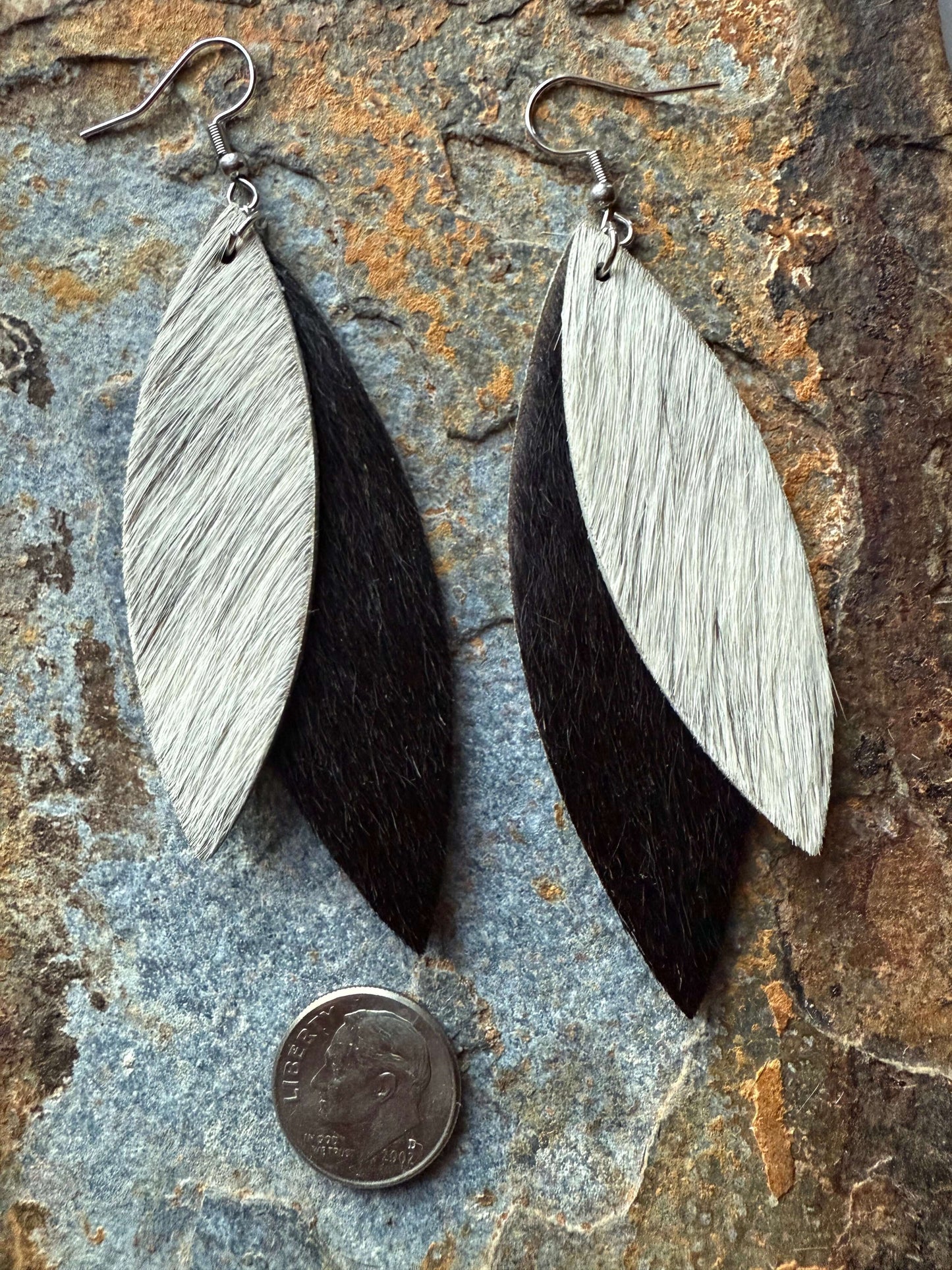 Hair on cowhide double leaf earrings Natural Hair-on Leather Earrings