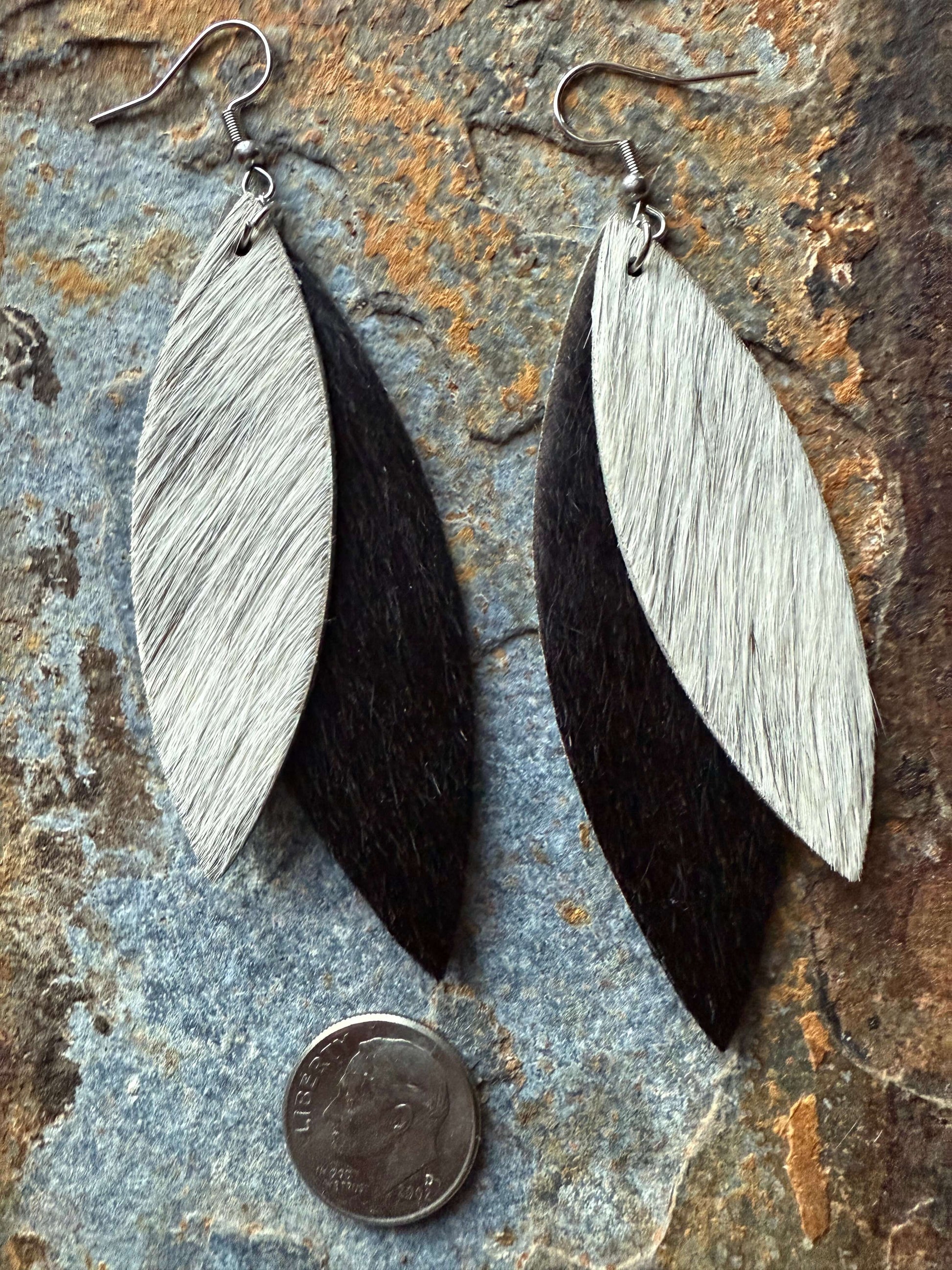Hair on cowhide double leaf earrings Lightweight Leather Leaf Earrings