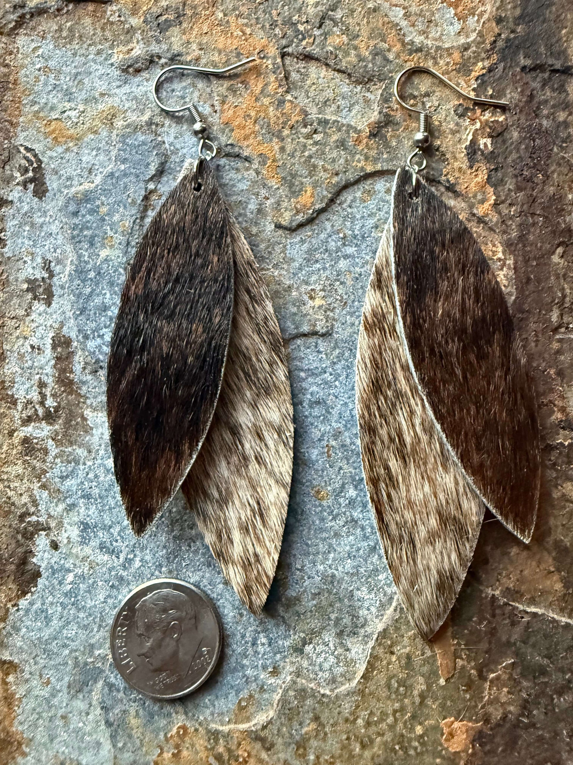 Hair on cowhide double leaf earrings Hair-on Leather Earrings