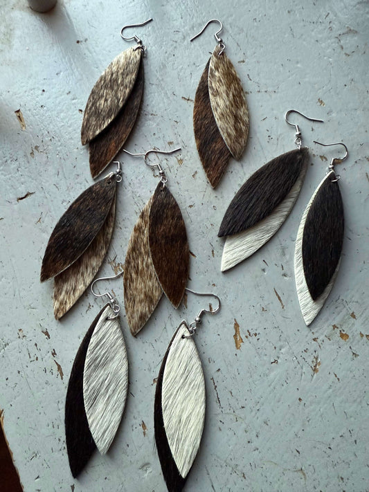 Hair on cowhide double leaf earringsDouble Leaf Rustic Earrings
