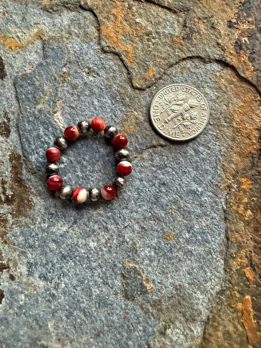 Sterling Silver Pearl Red Spiny Oyster Beaded Ring _Unique Red Oyster Pearl Ring