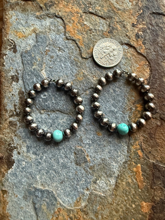 30 mm Sterling Silver Pearl Dry Creek Turquoise Beaded Hoop Earrings