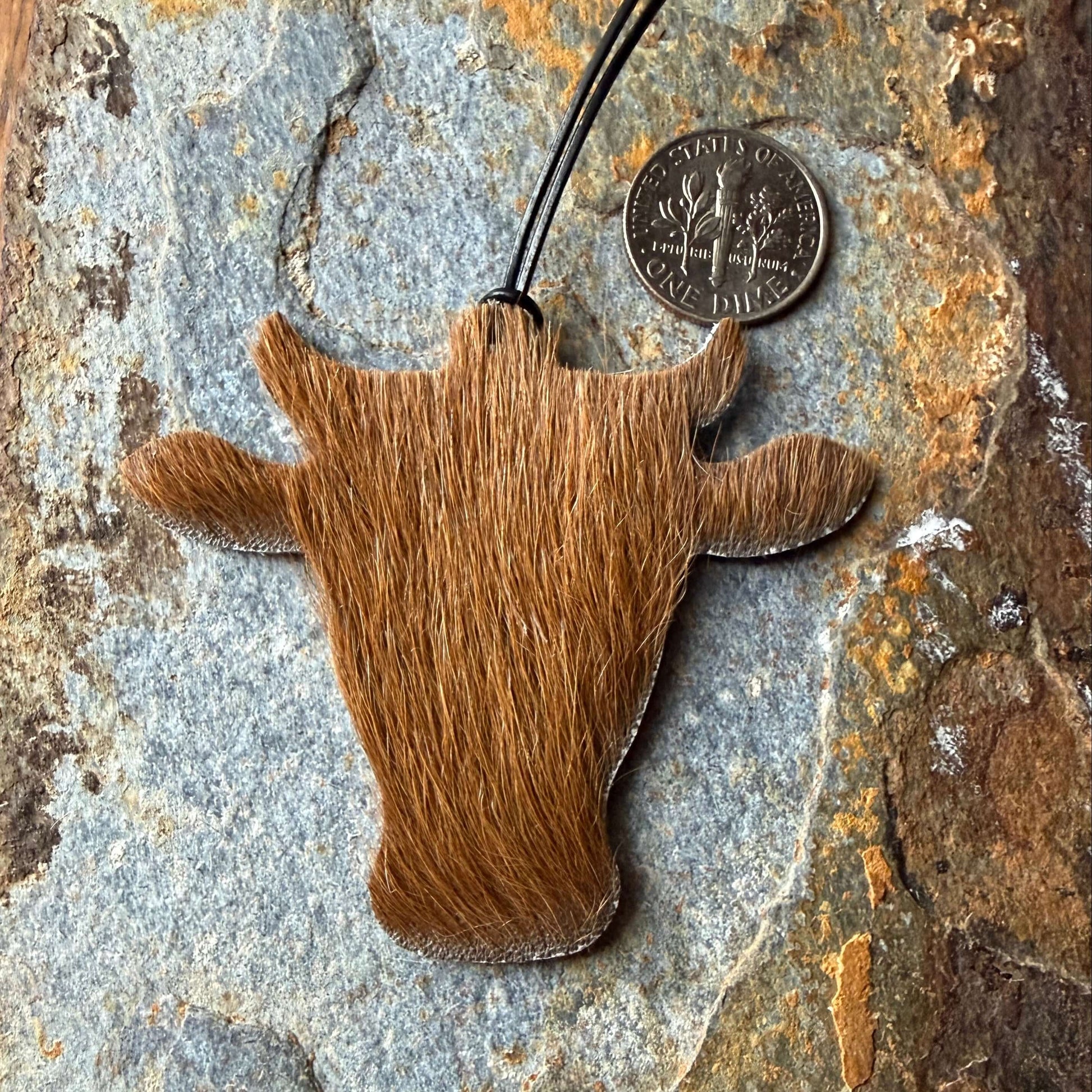 Reddish Brown cowhide bull head shape on a textured stone surface with a coin for scale