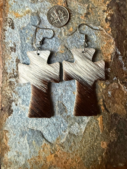 Cowhide Cross Earrings 2 inch