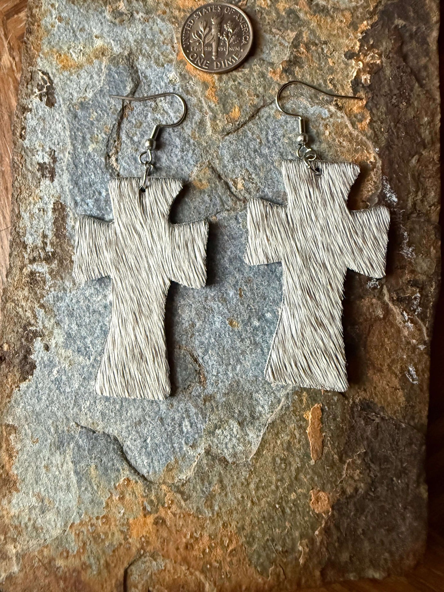 Cowhide Cross Earrings 2 inch