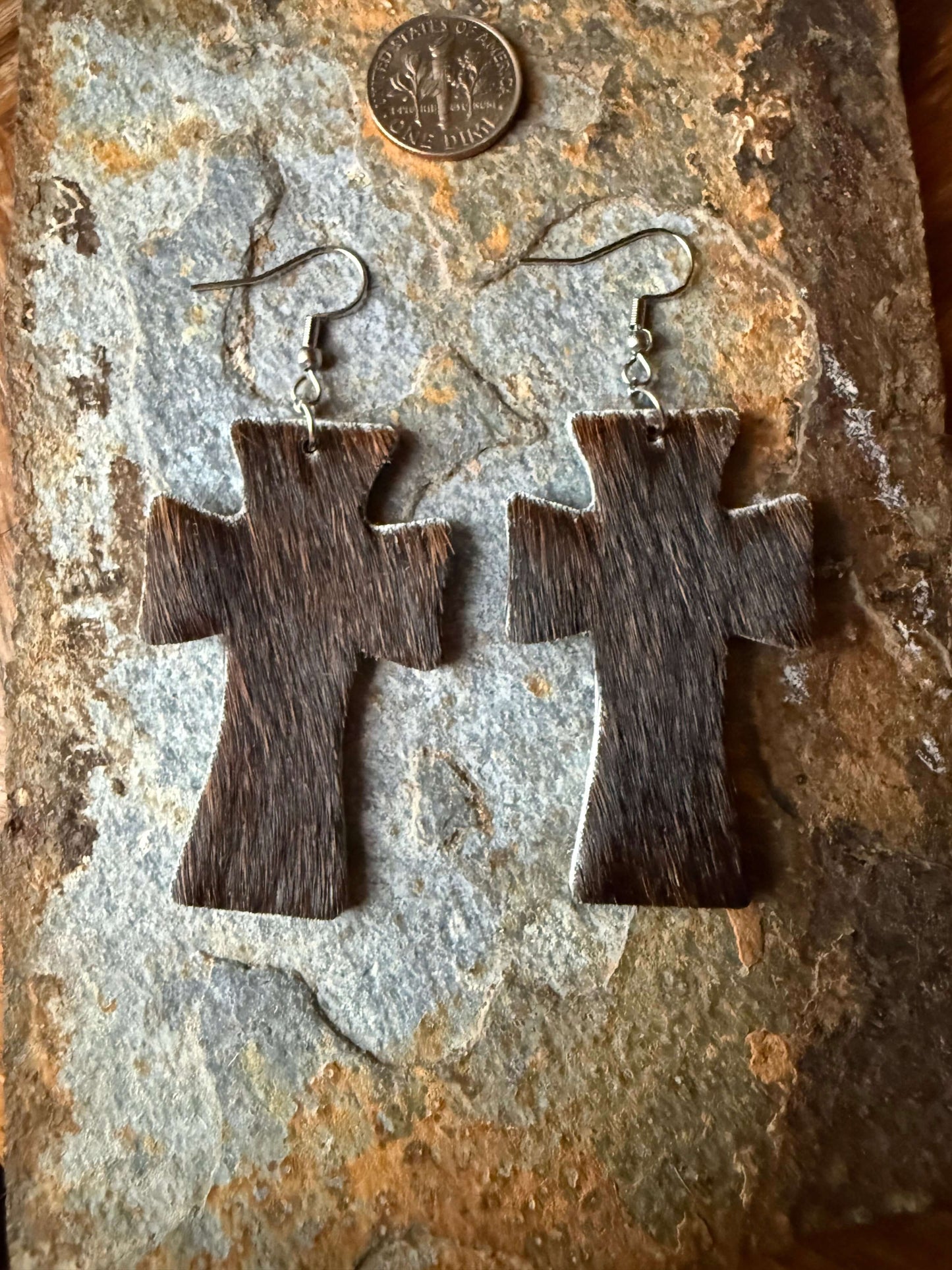 Cowhide Cross Earrings 2 inch