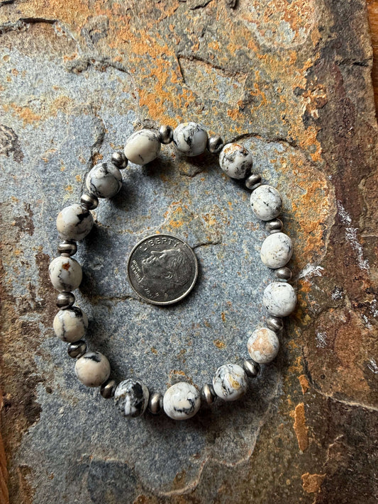 White Buffalo Round Beads Sterling Silver Pearl Bracelet