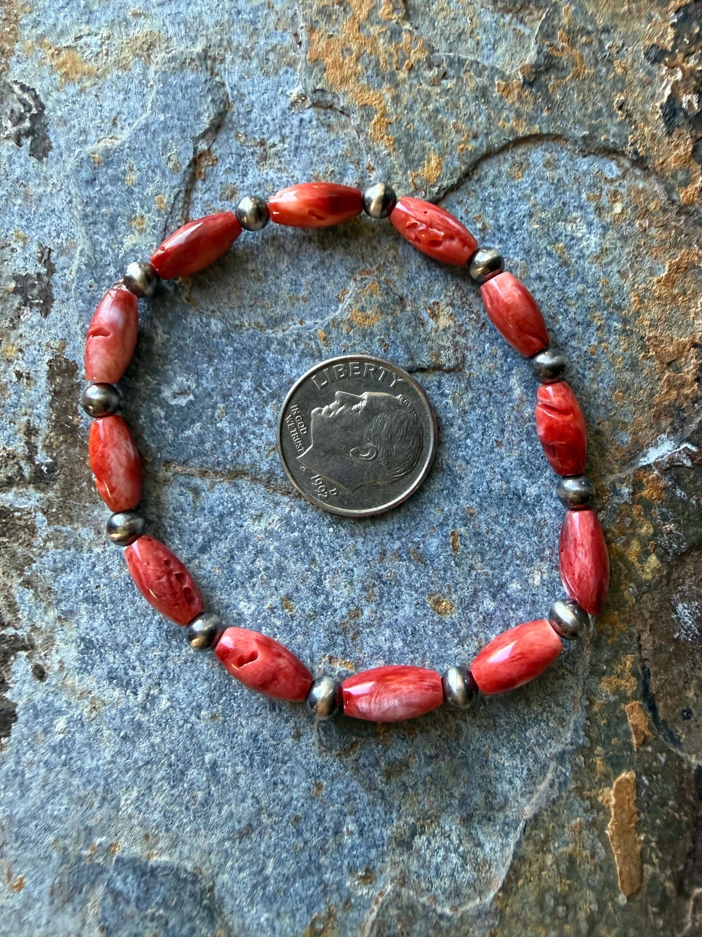 Red Spiny Oyster Rice Beads Sterling Silver Pearl Bracelet