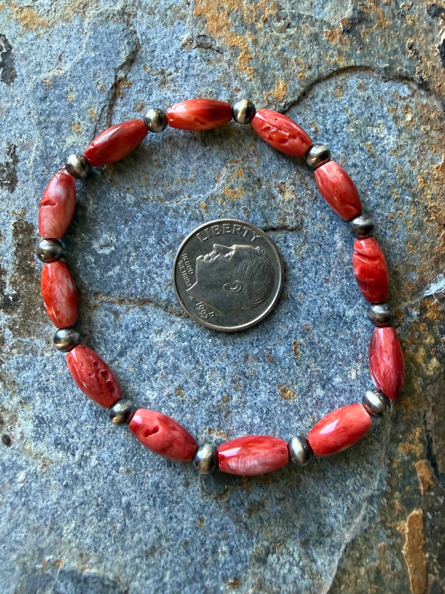 Red Spiny Oyster Rice Beads Sterling Silver Pearl Bracelet
