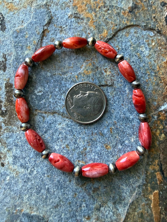 Red Spiny Oyster Rice Beads Sterling Silver Pearl Bracelet