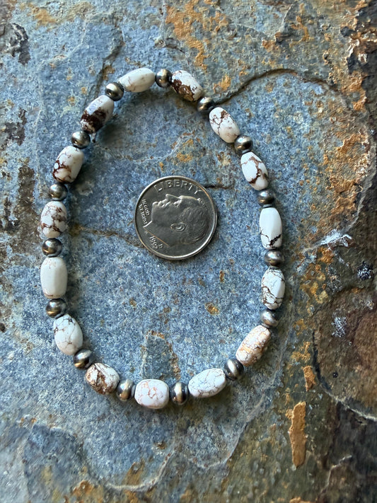 Wild Horse Magnesite Rice Beads Sterling Silver Pearl Bracelet
