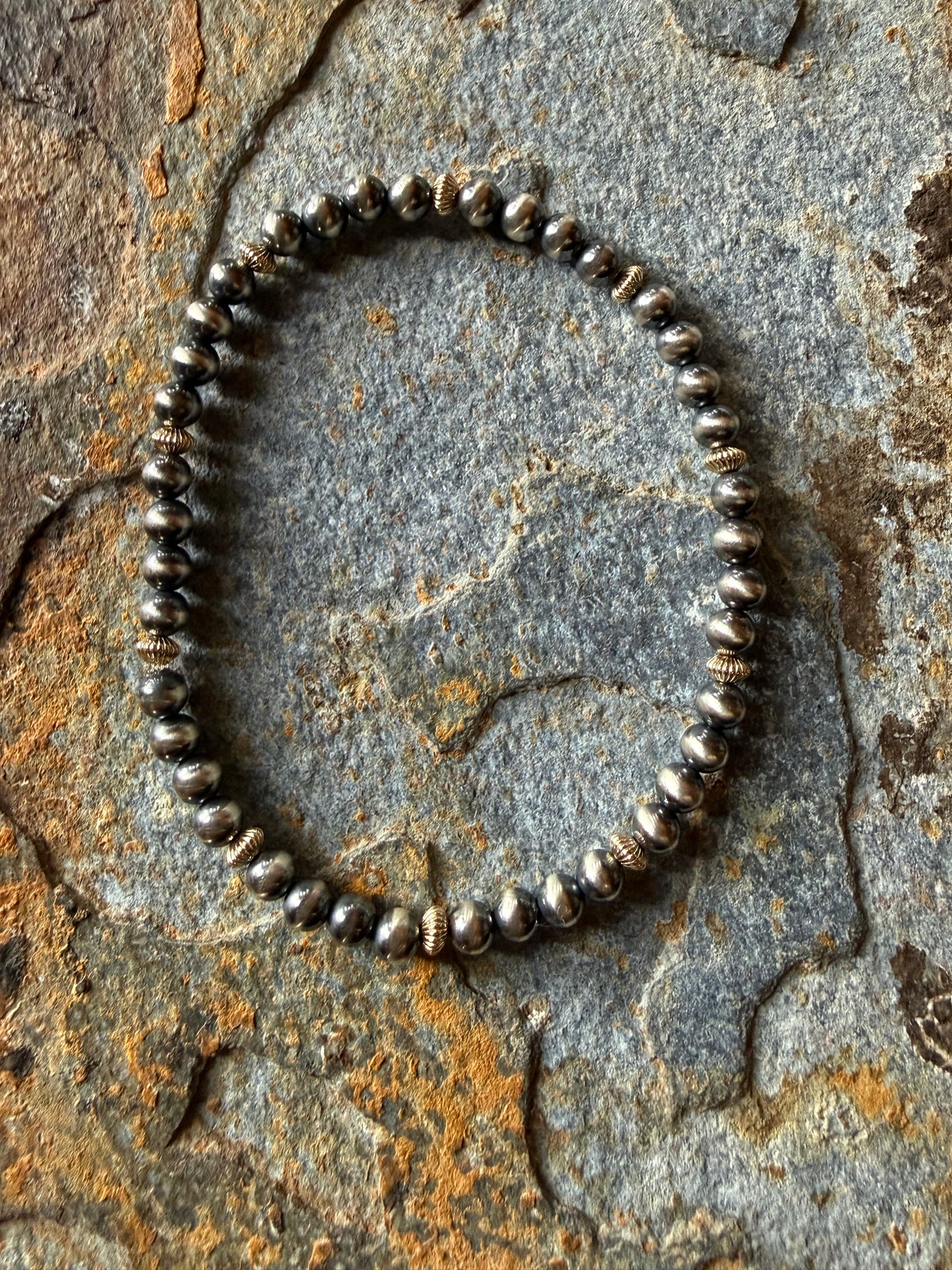 Sterling Silver Pearl & 14K Gold Corrugated Saucer Bead Bracelet