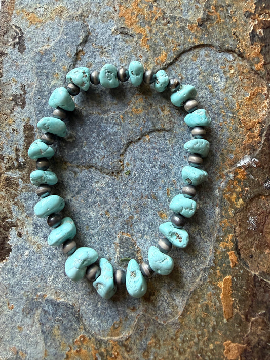 White Creek Turquoise Nugget Bead & Sterling Silver Pearl Bracelet