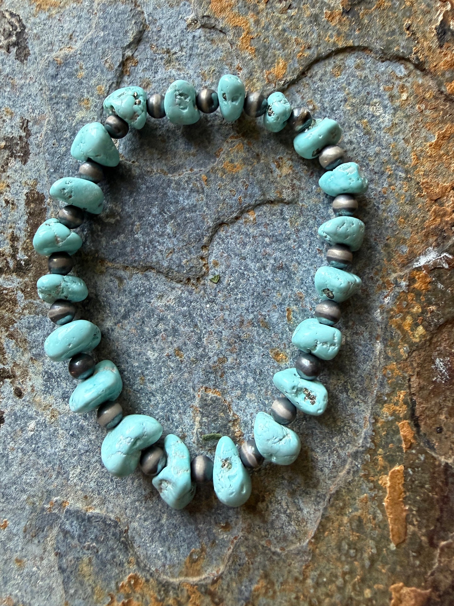 White Creek Turquoise Nugget Bead & Sterling Silver Pearl Bracelet