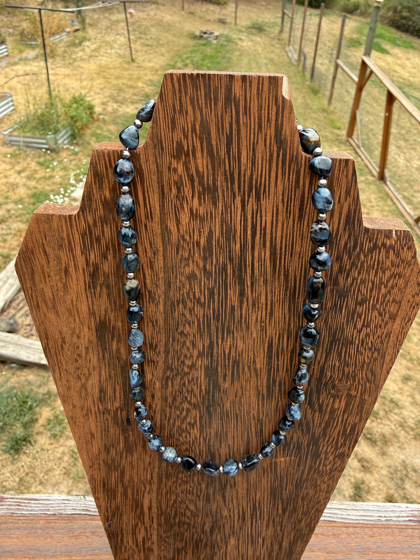 Pietersite Nugget Bead & Sterling Silver Pearl Necklace 16 inch