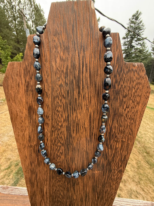 Pietersite Nugget Bead & Sterling Silver Pearl Necklace 16 inch