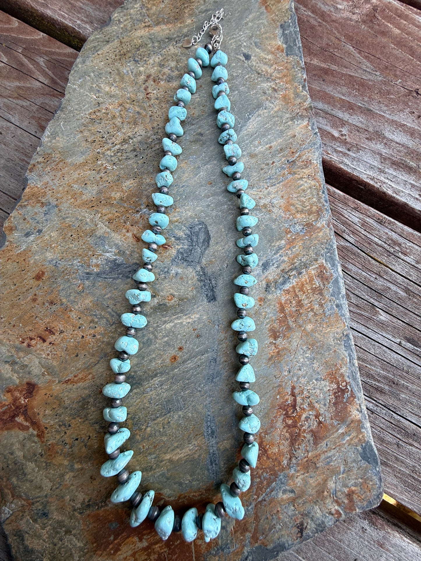 White Creek Turquoise Nugget Bead & Sterling Silver Pearl Necklace  20"