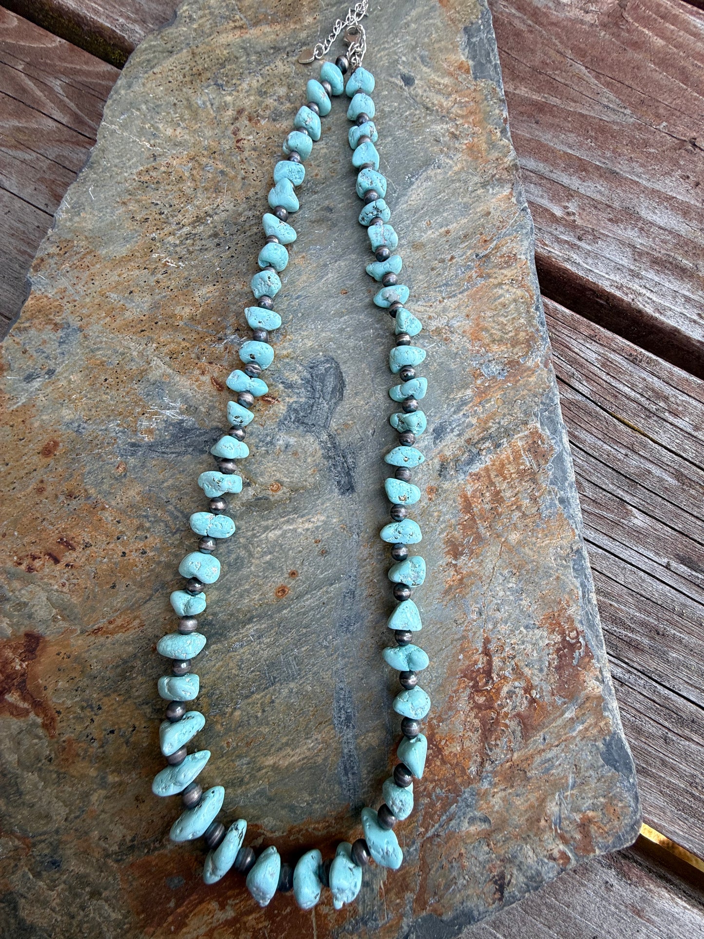 White Creek Turquoise Nugget Bead & Sterling Silver Pearl Necklace  20"