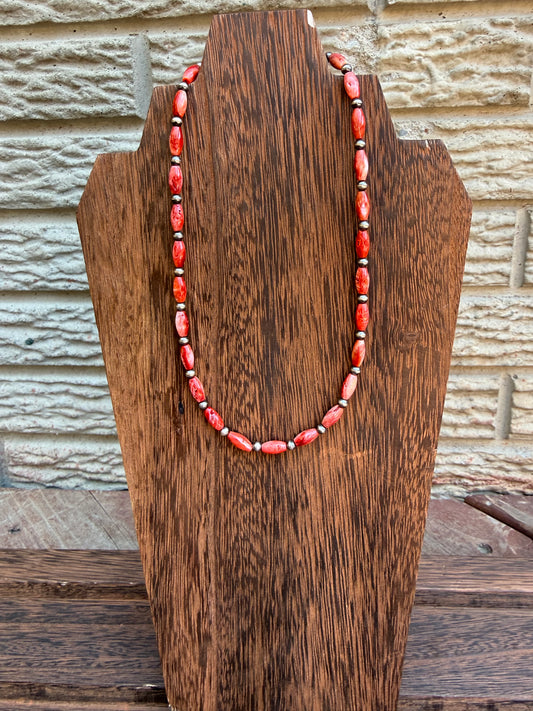 Red Spiny Oyster Rice Bead Sterling Silver Pearls Necklace