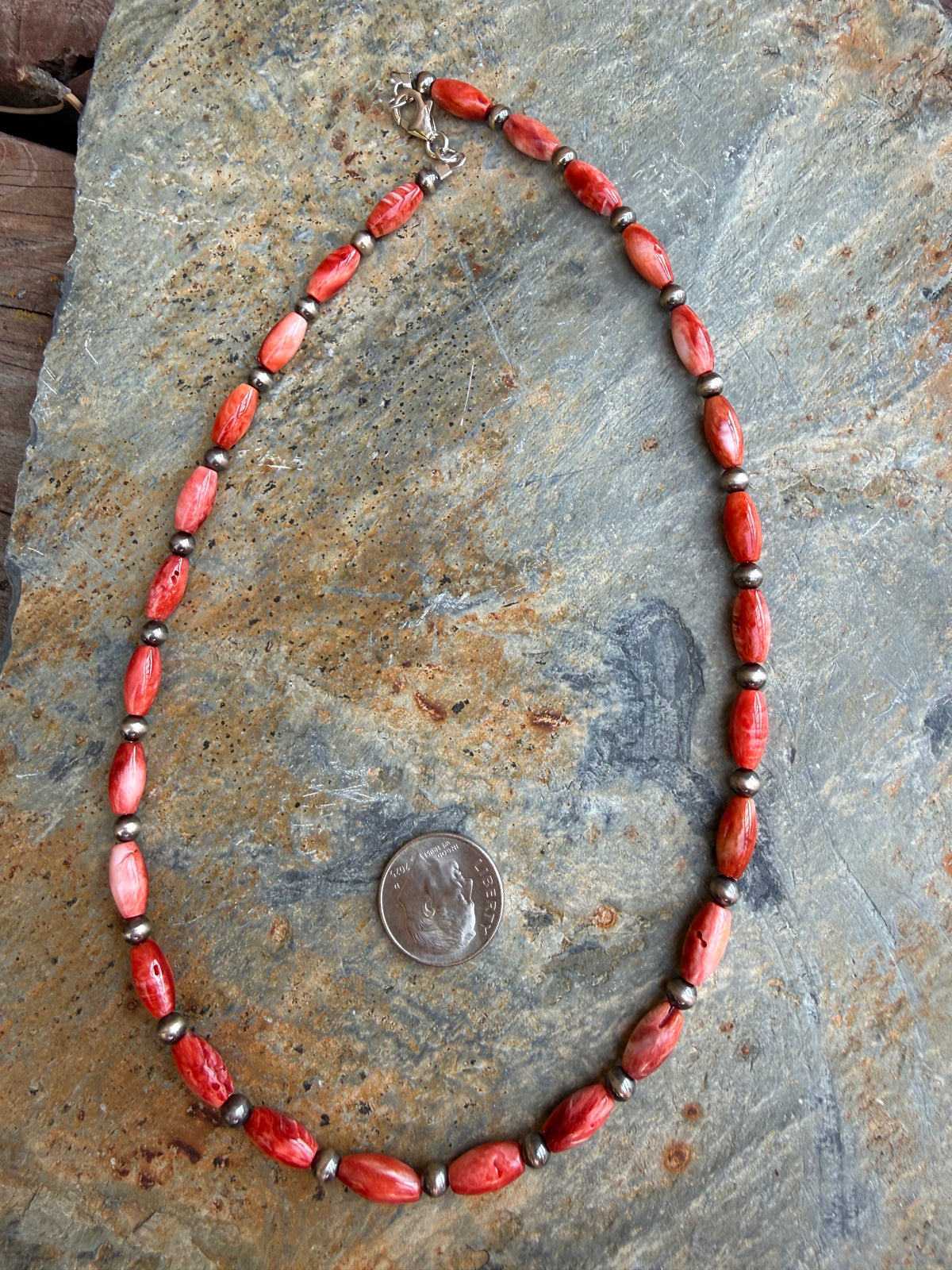 Red Spiny Oyster Rice Bead Sterling Silver Pearls Necklace