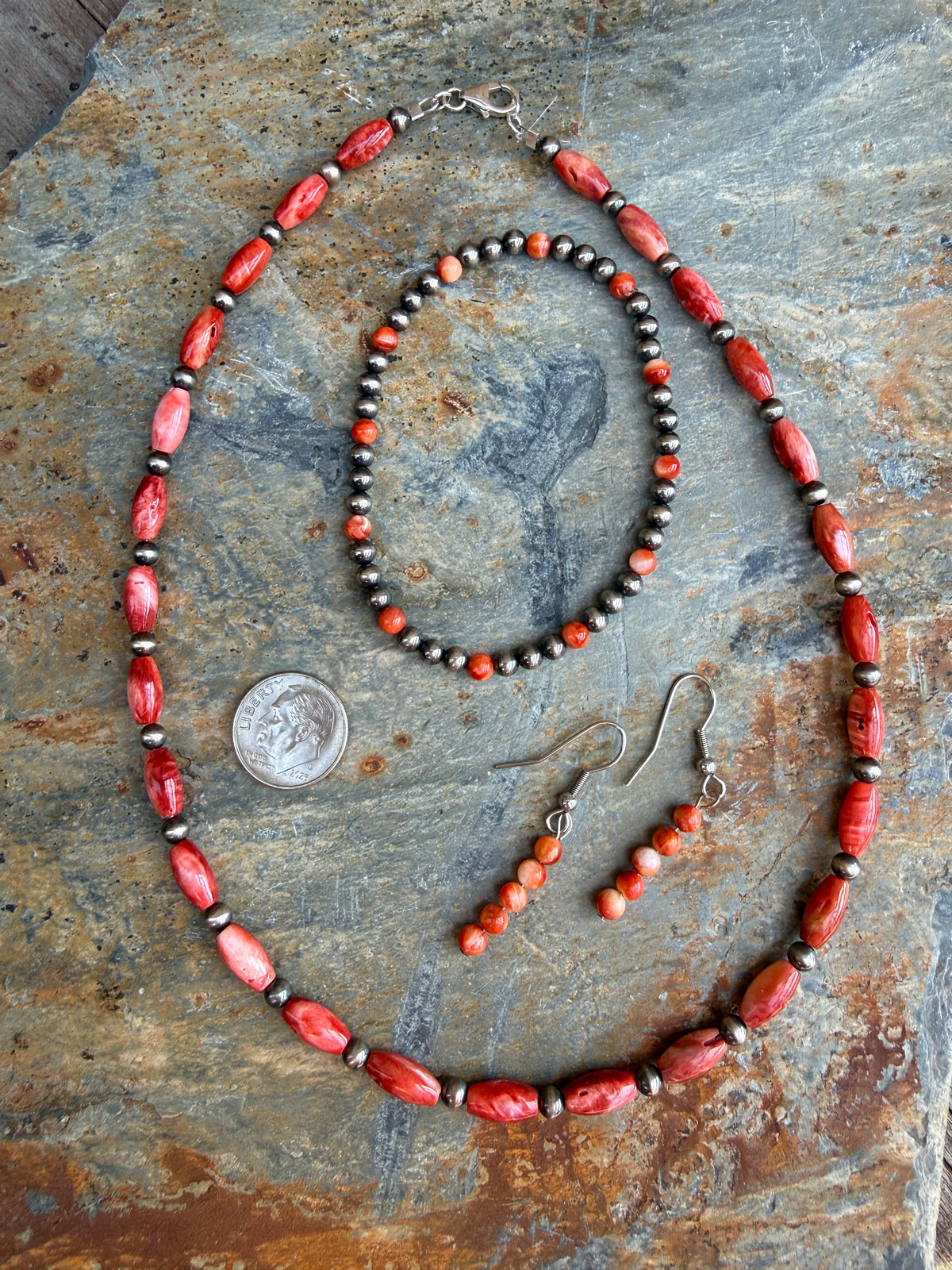 Red Spiny Oyster Rice Bead Sterling Silver Pearls Necklace